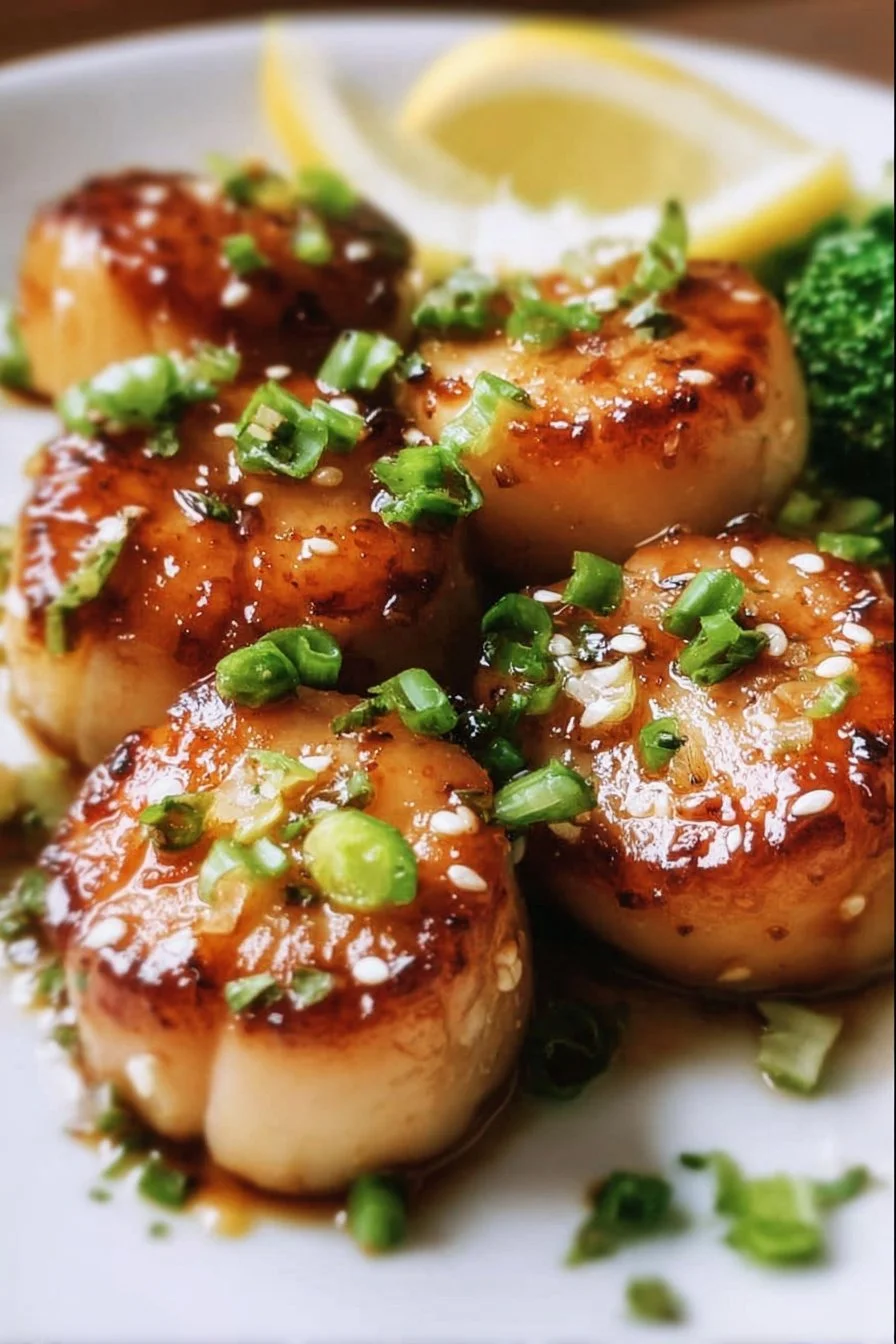 Honey garlic butter scallops served on a plate with herbs