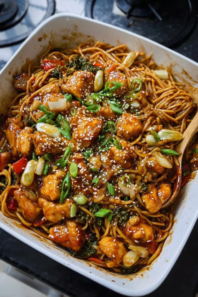 Honey Sesame Chicken Noodle Bake 1 Honey sesame chicken noodle bake with vibrant vegetables and sesame seeds