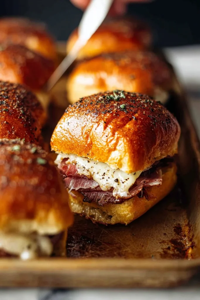 Delicious hot pastrami sliders ready to serve at a party