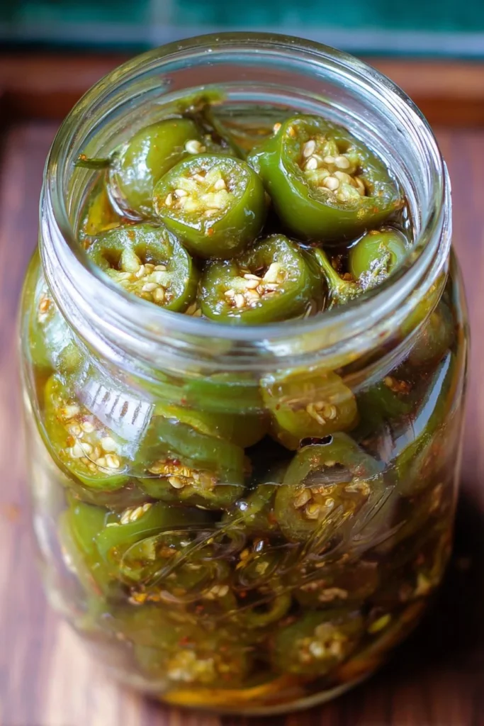 A jar of homemade candied jalapenos on a wooden table.