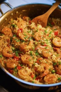 Cajun shrimp and rice skillet dish with vibrant colors and spices