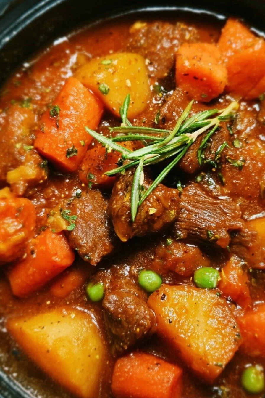 Delicious Instant Pot beef stew in a bowl, garnished with herbs