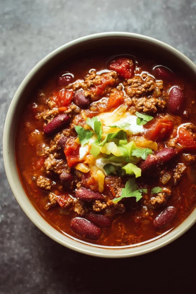 Bowl of hearty Instant Pot Chili topped with cheese and cilantro