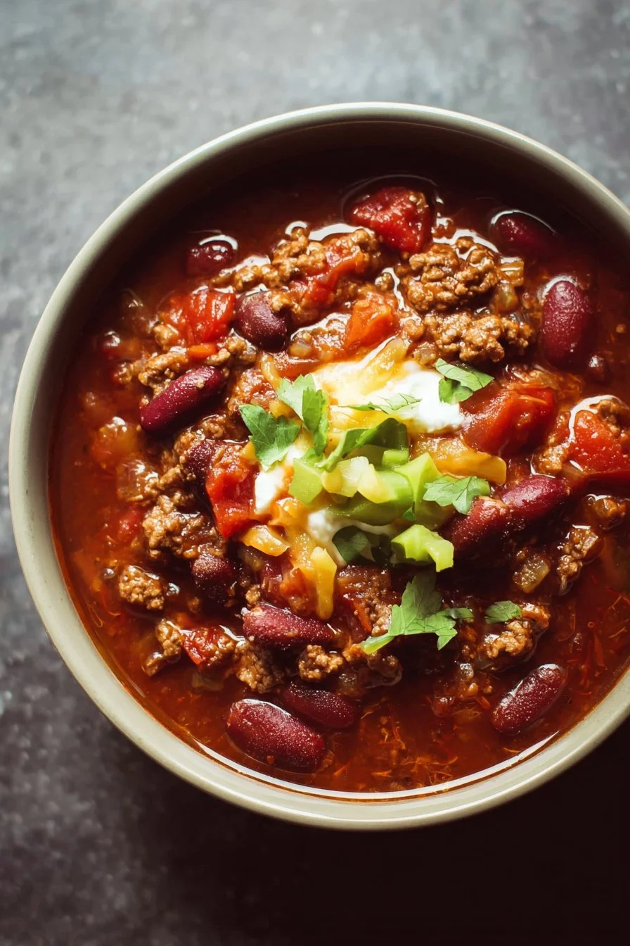 Bowl of hearty Instant Pot Chili topped with cheese and cilantro