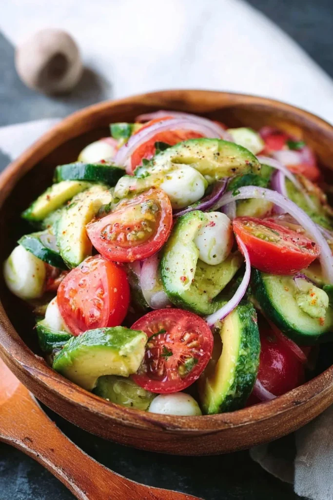Italian avocado cucumber tomato salad served in a bowl with fresh ingredients