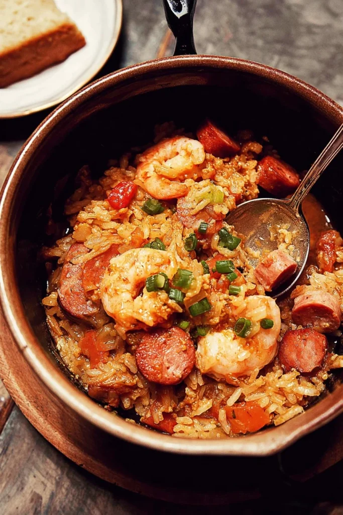 Delicious homemade jambalaya in a bowl with shrimp and sausage