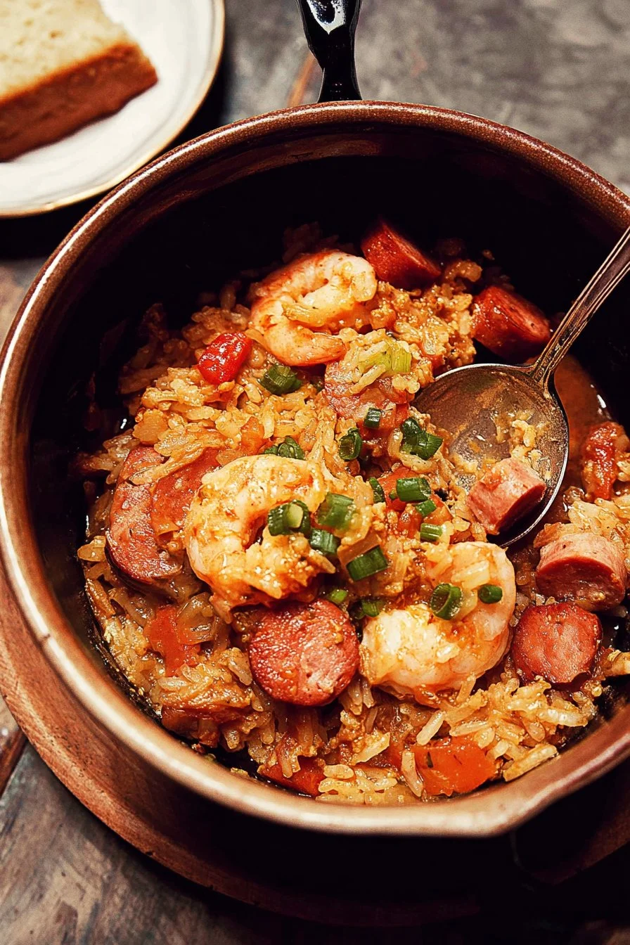 Delicious homemade jambalaya in a bowl with shrimp and sausage