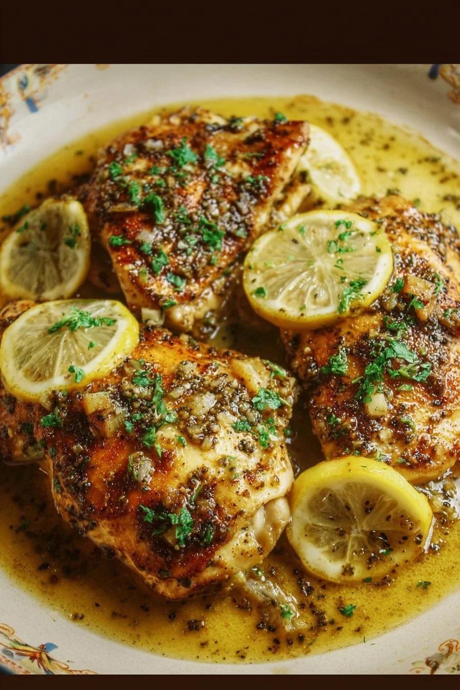 Lemon Pepper Chicken with Brown Butter Garlic Lemon Sauce on a white plate