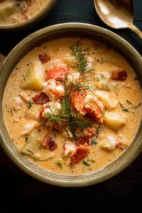 Bowl of creamy lobster chowder with fresh lobster pieces and herbs