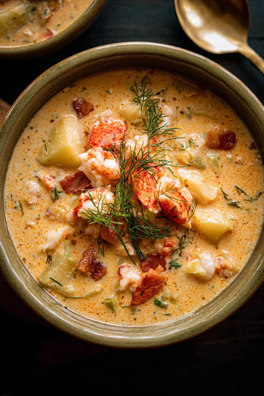 Bowl of creamy lobster chowder with fresh lobster pieces and herbs