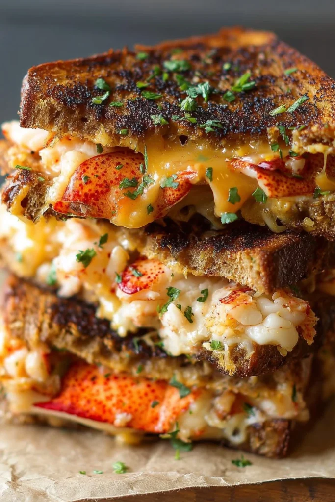 Delicious lobster grilled cheese sandwich with melted cheese and fresh lobster meat.
