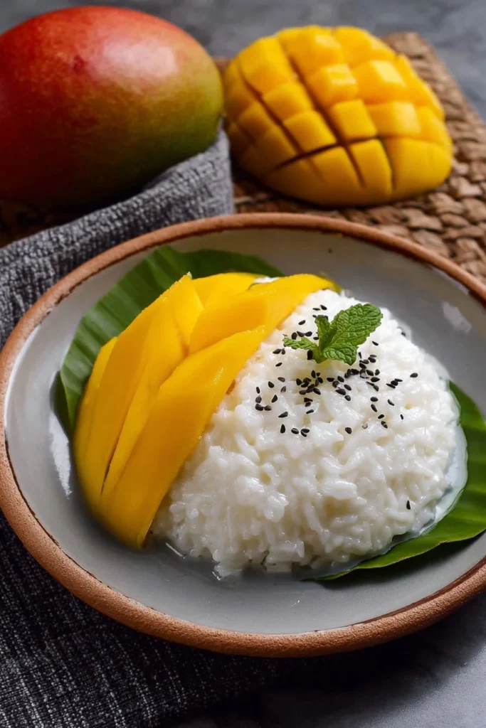 Delicious mango sticky rice topped with ripe mango slices and coconut sauce