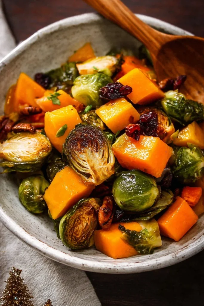Maple Roasted Brussels Sprouts and Butternut Squash 1 Maple Roasted Brussels Sprouts and Butternut Squash served on a plate