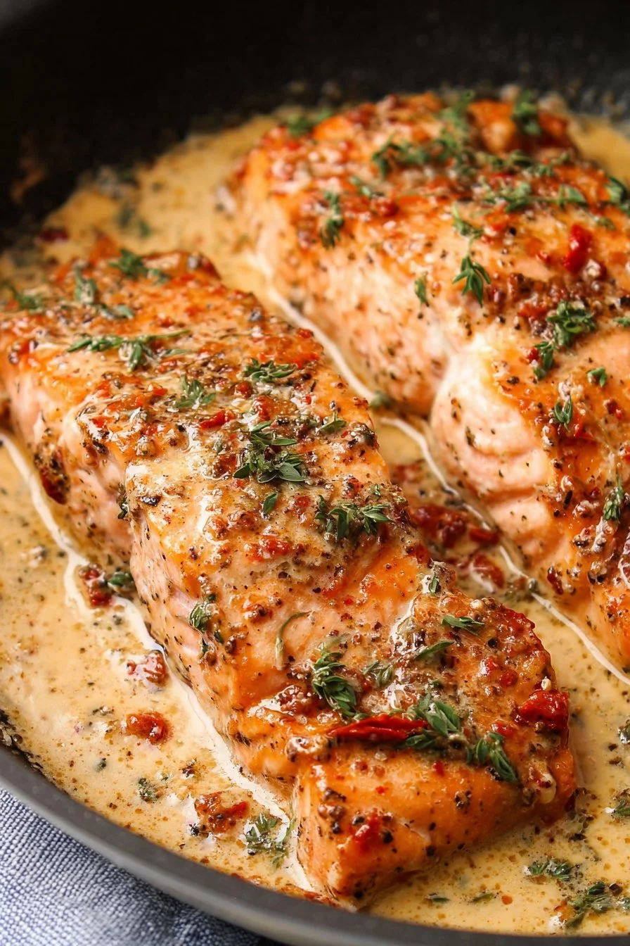 Delicious Marry Me Salmon served with garnishes on a plate.