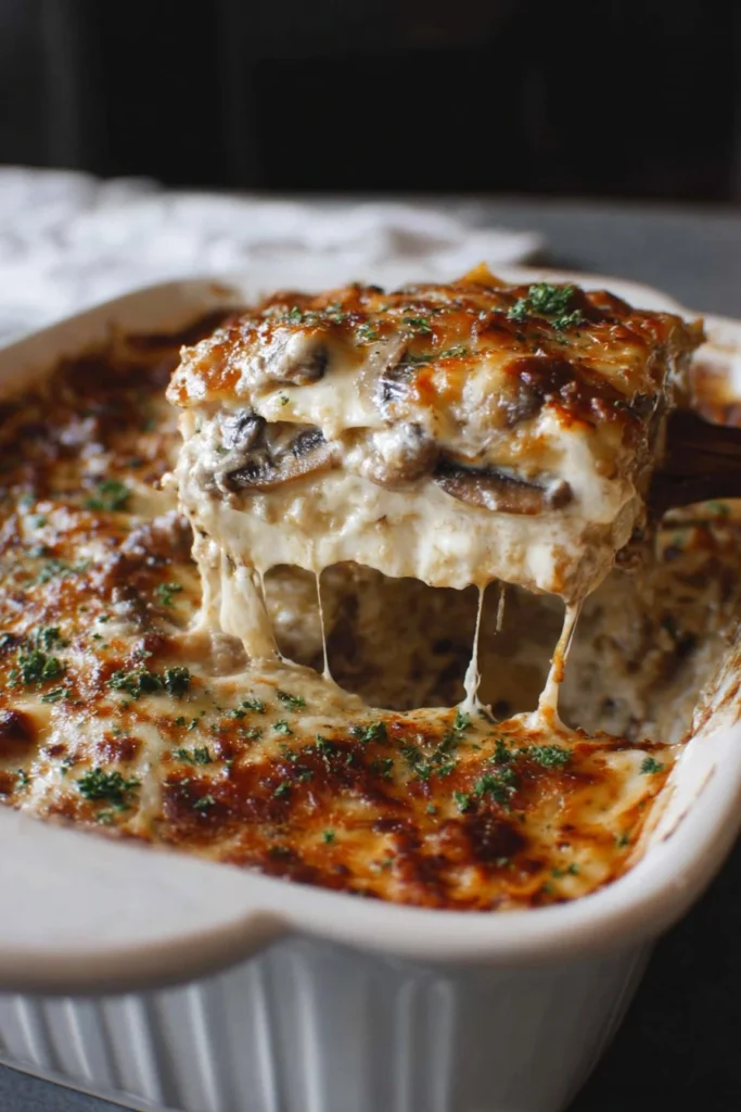 Delicious Mushroom Lasagna layered with cheese and fresh herbs