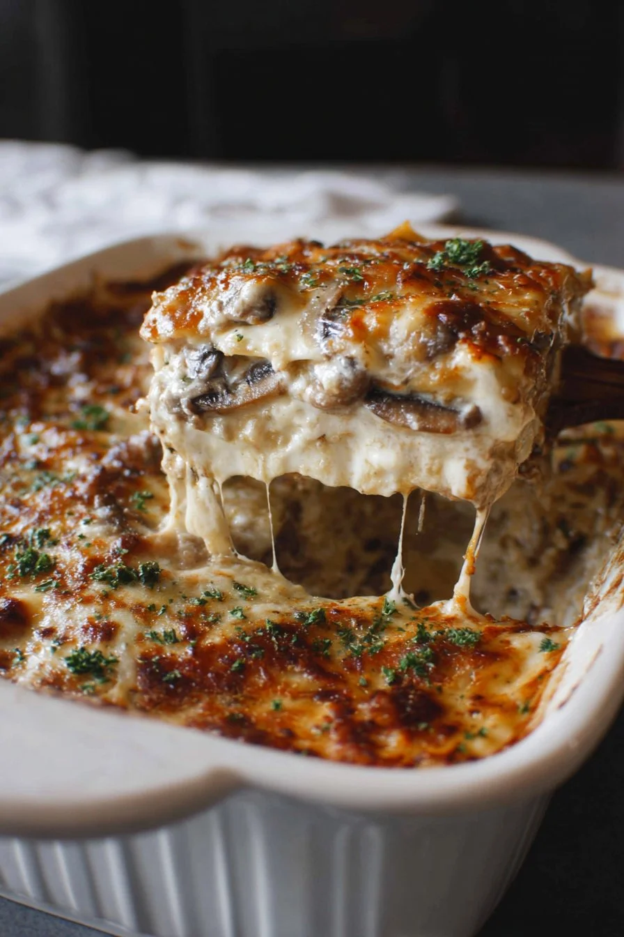 Delicious Mushroom Lasagna layered with cheese and fresh herbs