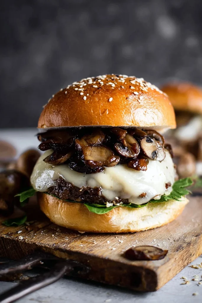 Mouthwatering Mushroom Swiss Burger with juicy patty and sautéed mushrooms