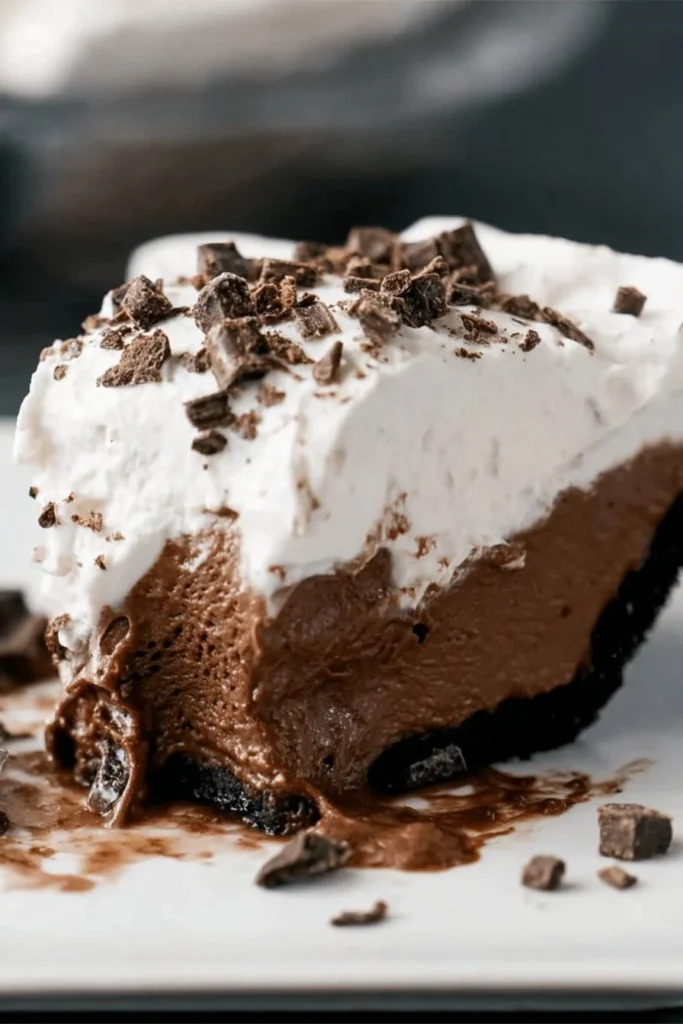 Delicious no bake chocolate pie topped with whipped cream and chocolate shavings