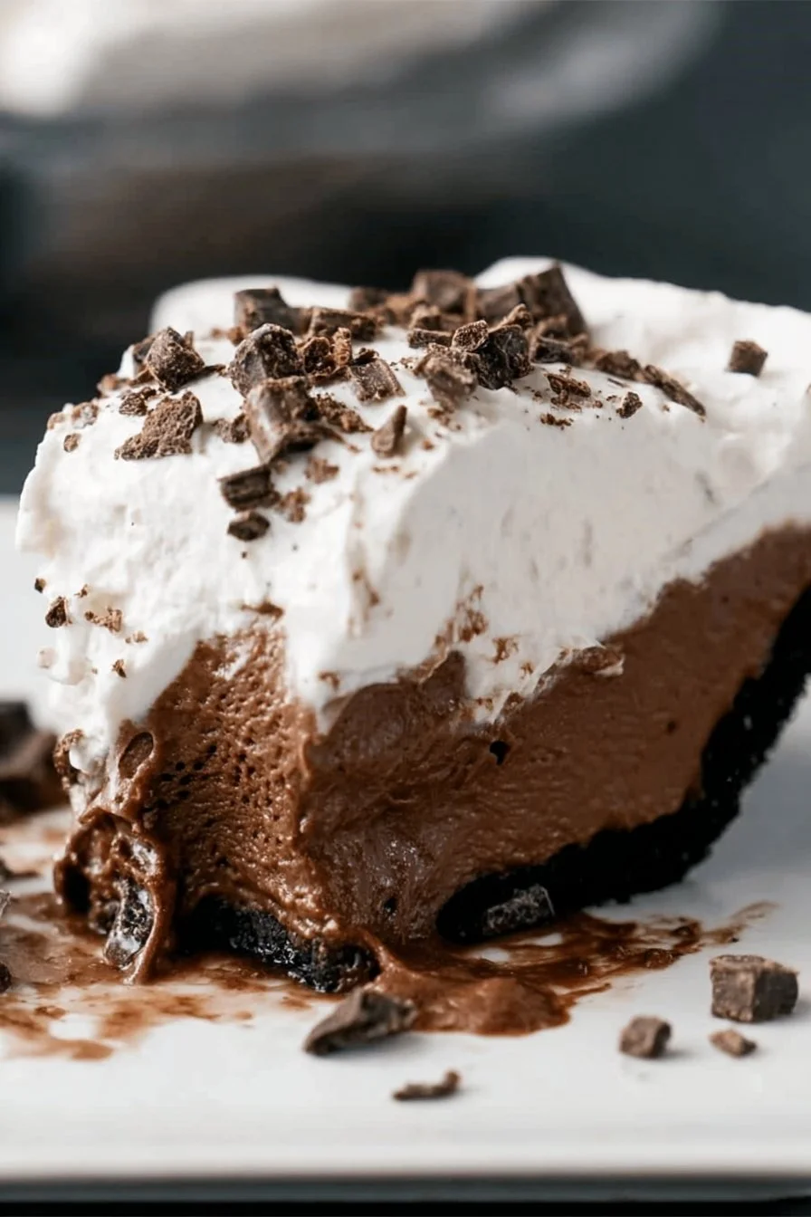 Delicious no bake chocolate pie topped with whipped cream and chocolate shavings