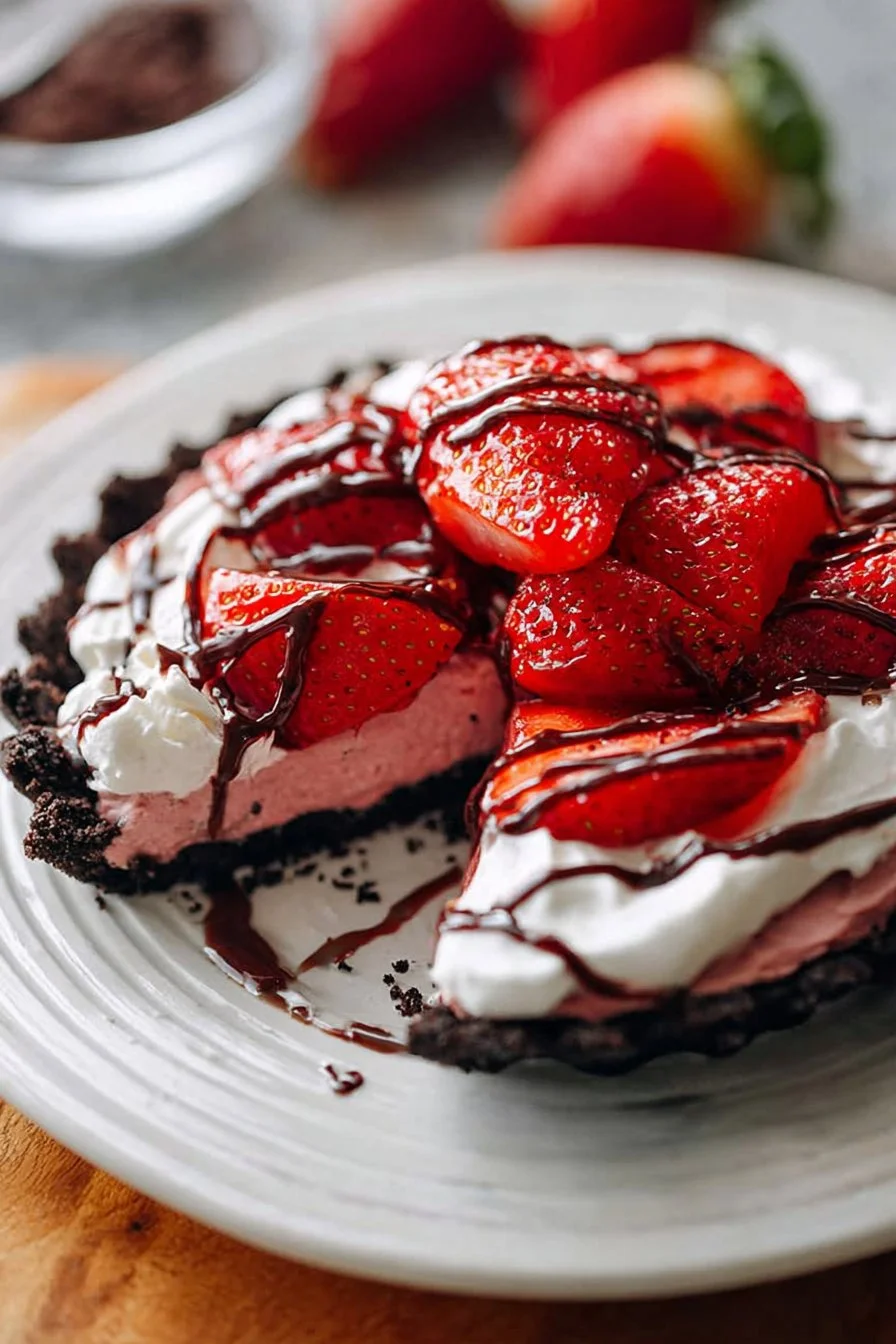No Bake Chocolate Strawberries and Cream Pie topped with fresh strawberries
