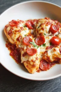 Delicious One Pan Pizza Chicken recipe featuring tender chicken and pizza toppings.