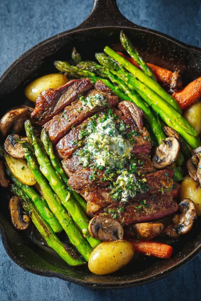 One pan steak with colorful veggies and garlic herb butter on a plate.