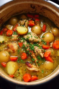 Delicious one-pot chicken stew served in a white bowl, garnished with herbs.