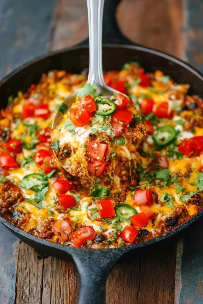 One Pot Nacho Beef Skillet with melted cheese and toppings