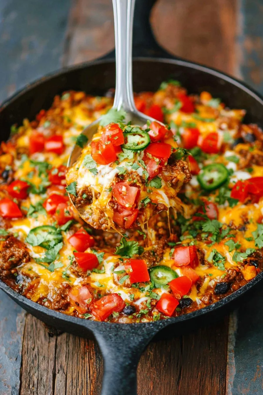 One Pot Nacho Beef Skillet with melted cheese and toppings
