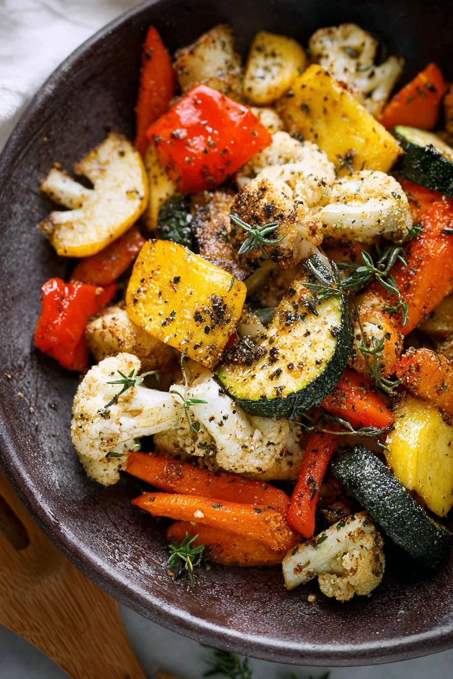 Delicious Parmesan Roasted Vegetables on a serving plate.