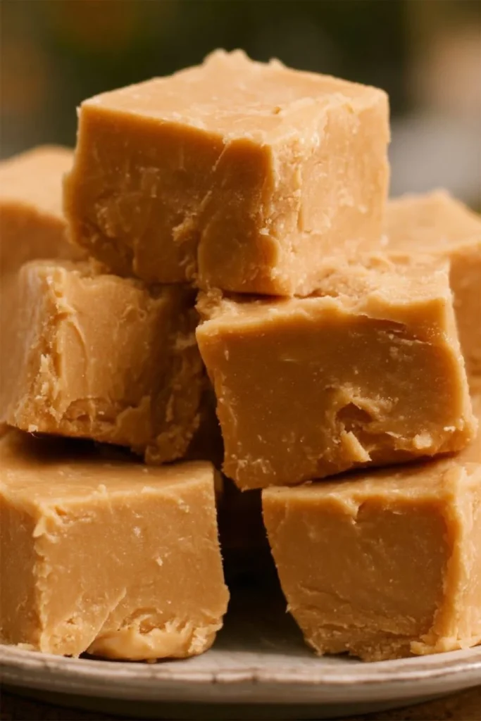 Delicious homemade peanut butter fudge cut into squares on a wooden board