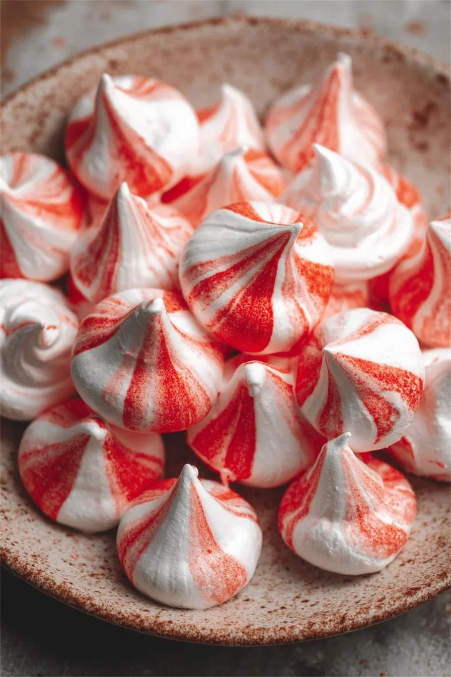 Plate of peppermint meringue kisses with festive decorations