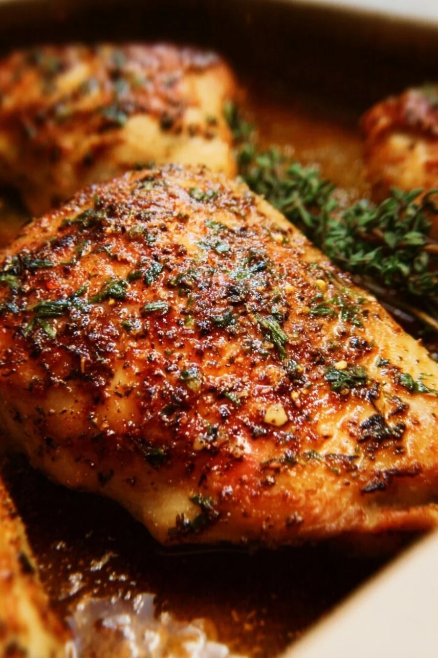 Deliciously cooked baked chicken, golden and juicy on a rustic plate.