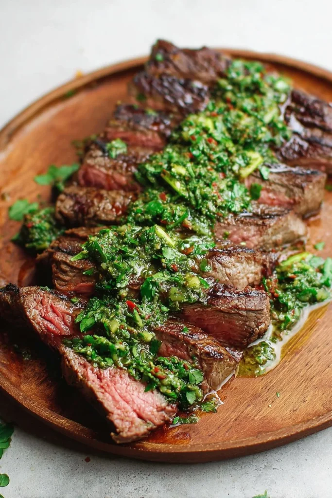 Perfectly grilled flank steak served with chimichurri sauce on a plate