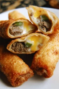 Delicious Philly cheesesteak egg rolls served with dipping sauce