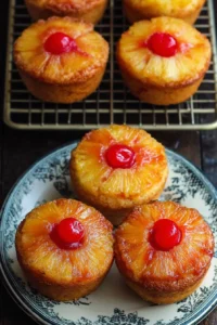 Delicious Pineapple Upside-Down Cupcakes decorated with cherries and pineapples