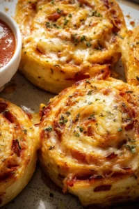 A plate of homemade Pizza Pinwheels with melted cheese and pepperoni.