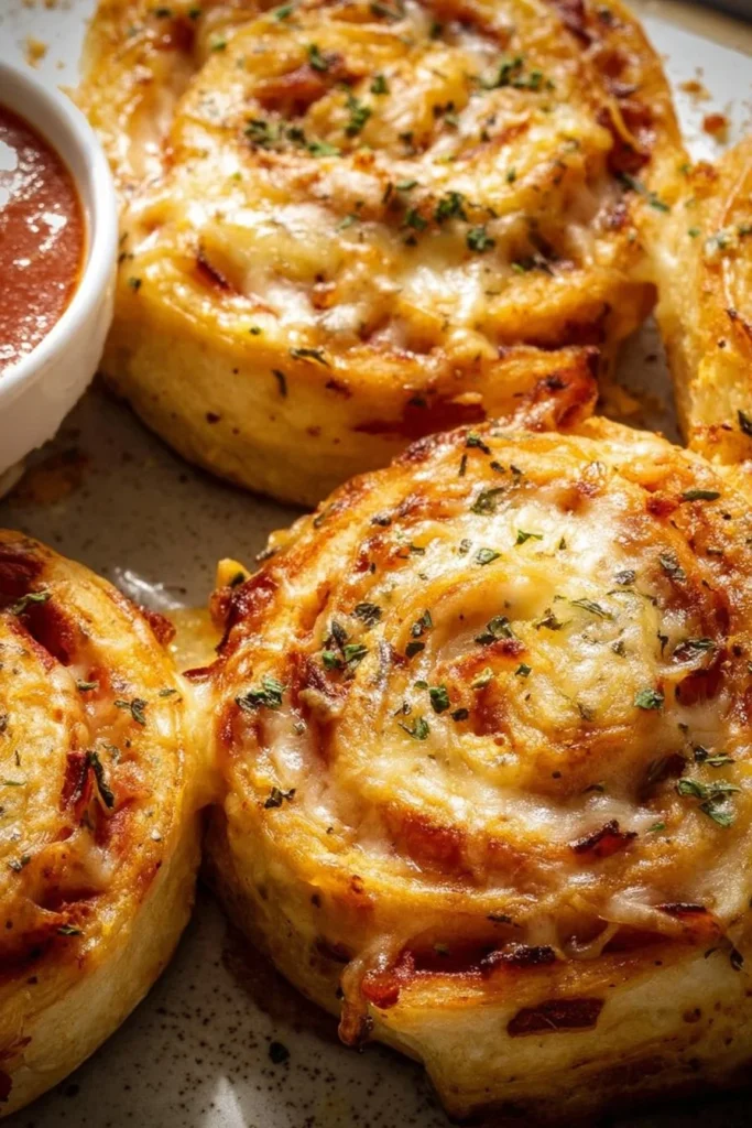 A plate of homemade Pizza Pinwheels with melted cheese and pepperoni.