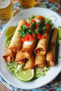 Plate of quick chicken taquitos served with salsa and guacamole