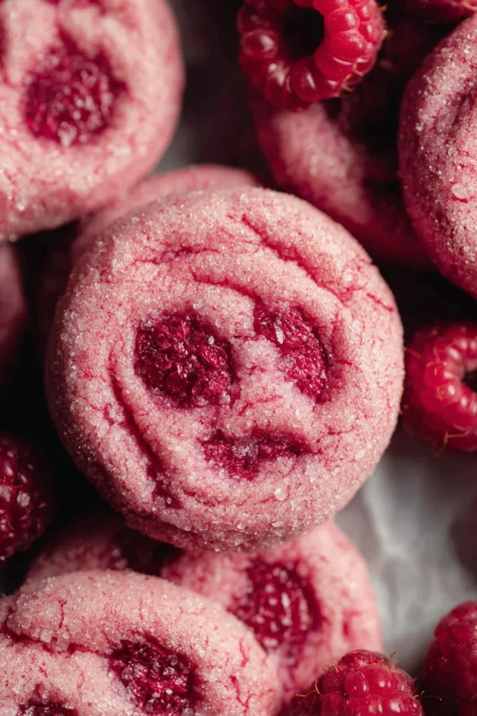 A plate of freshly baked raspberry sugar cookies with vibrant pink frosting