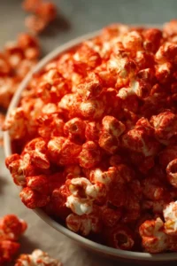 Delicious red hot cinnamon popcorn in a bowl, perfect snack for movie nights