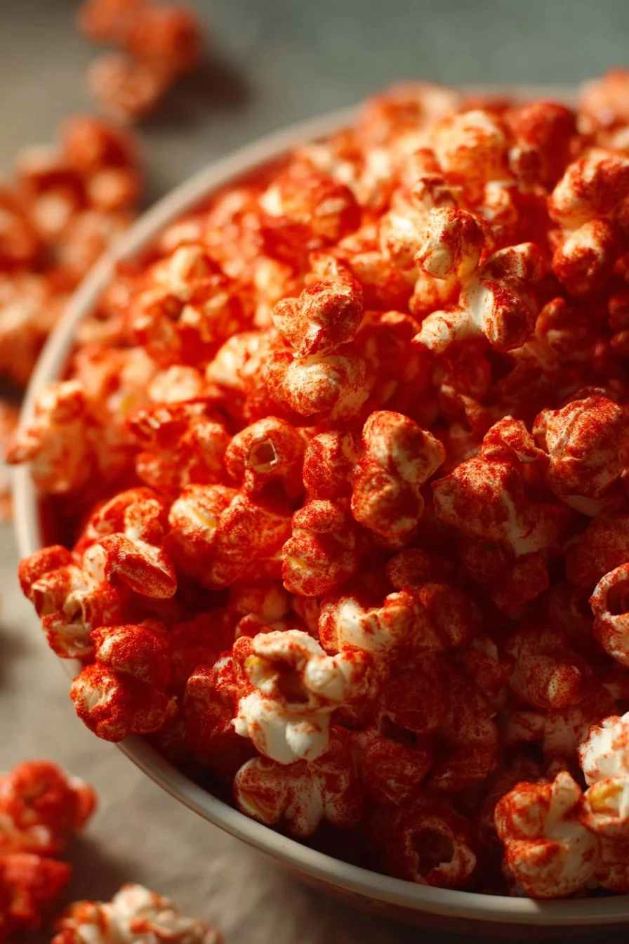 Delicious red hot cinnamon popcorn in a bowl, perfect snack for movie nights