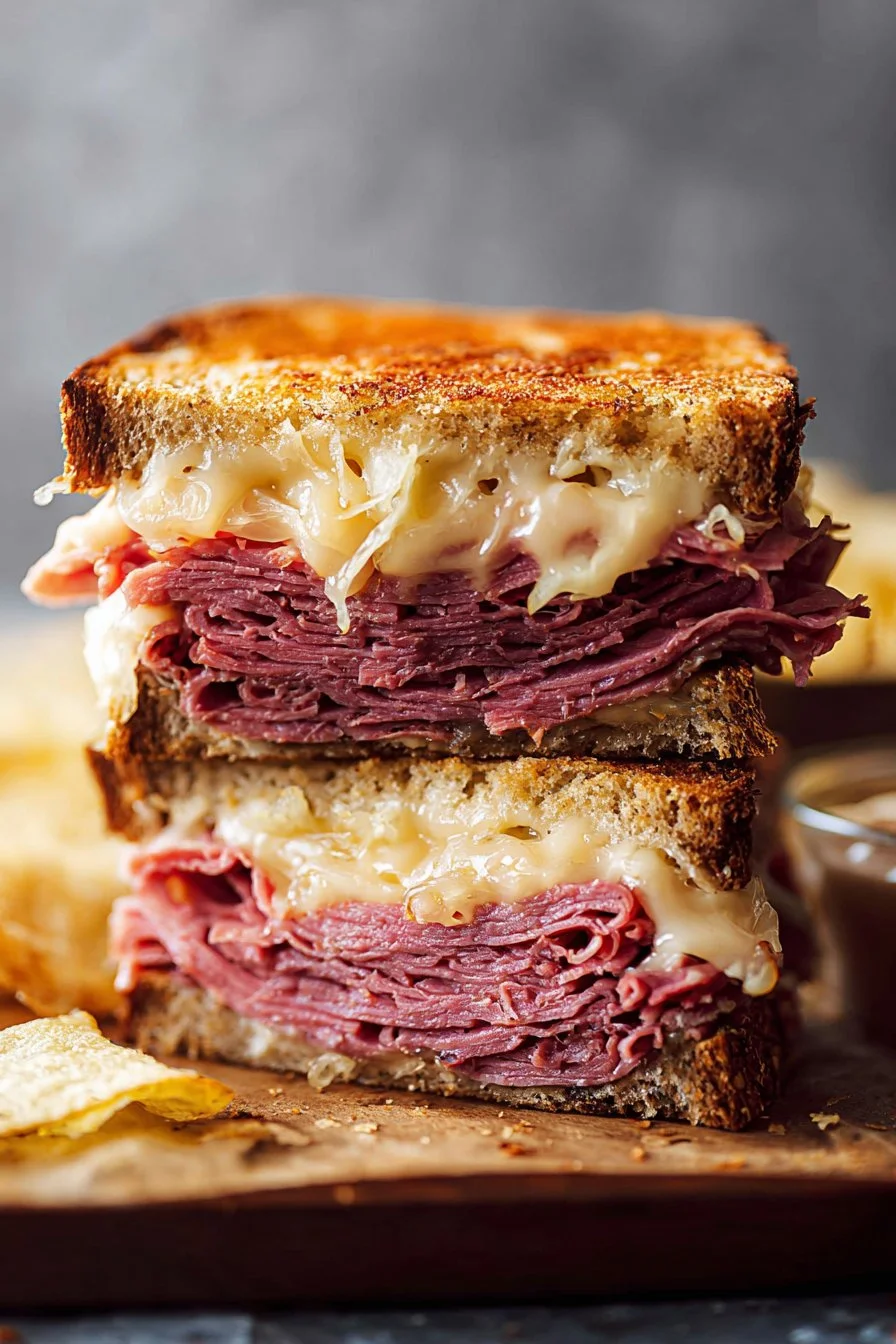 A delicious Reuben sandwich with corned beef, Swiss cheese, and sauerkraut on rye bread.