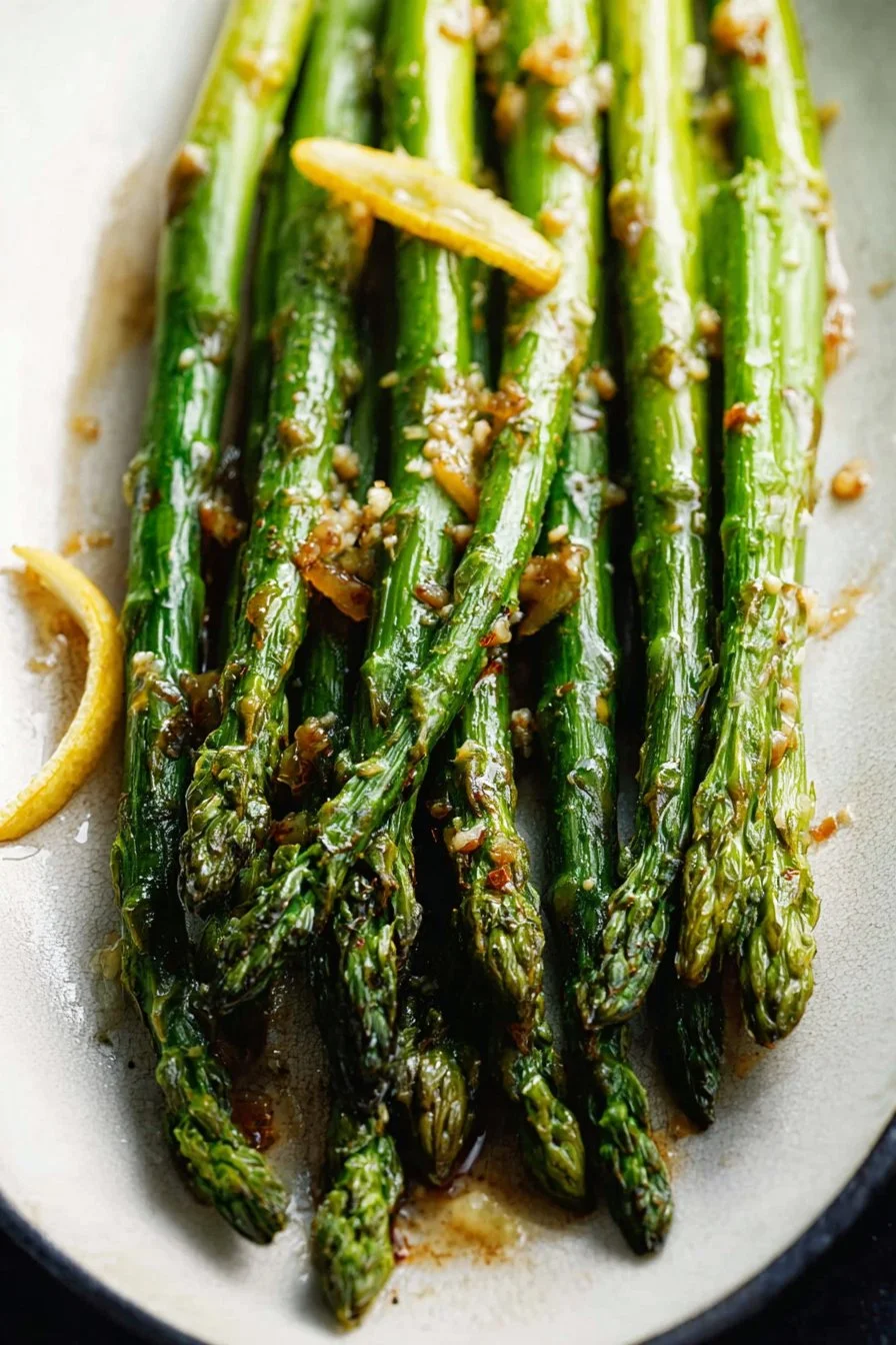 Plate of roasted lemon honey garlic asparagus topped with herbs
