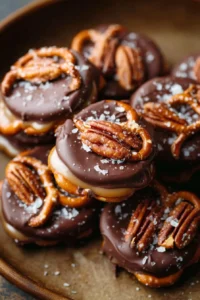 Rolo Pretzel Turtles topped with chocolate and caramel on pretzels