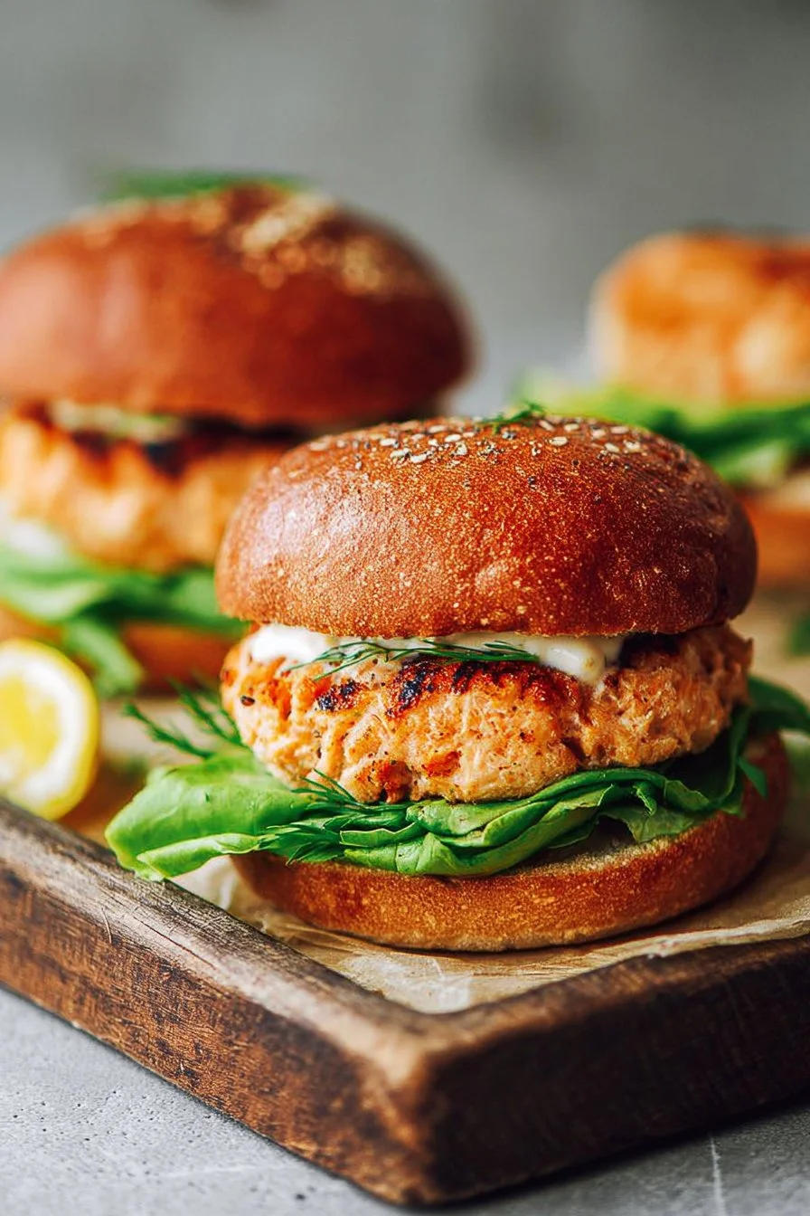 Juicy salmon burger served with fresh toppings and side dishes.