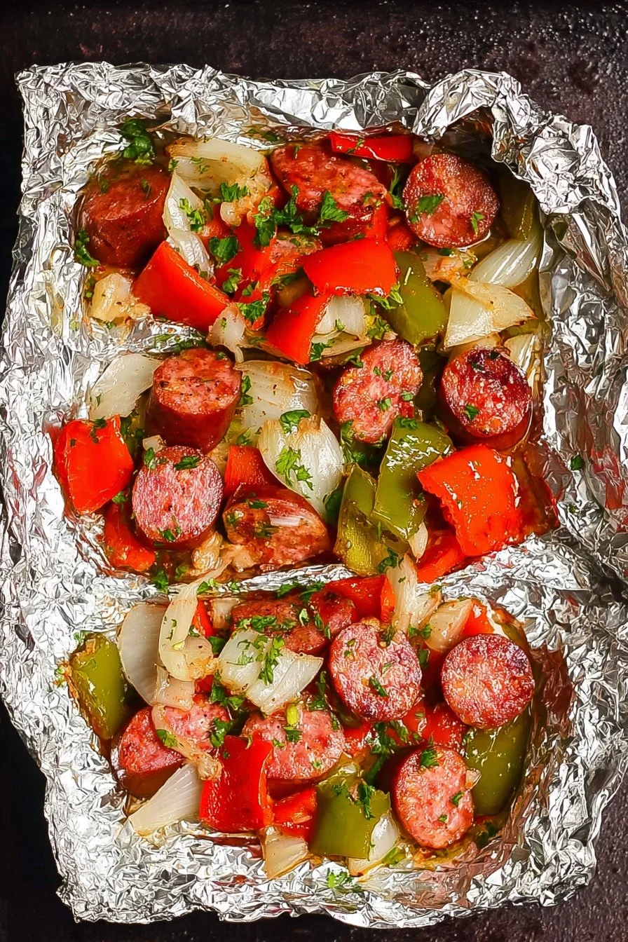 Sausage and peppers foil packets ready for grilling are colorful and appetizing.