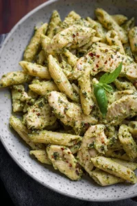 Savory chicken pesto pasta dish with vibrant colors and fresh ingredients