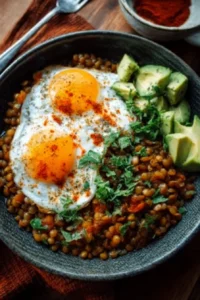 Savory lentil breakfast bowl with vegetables and herbs