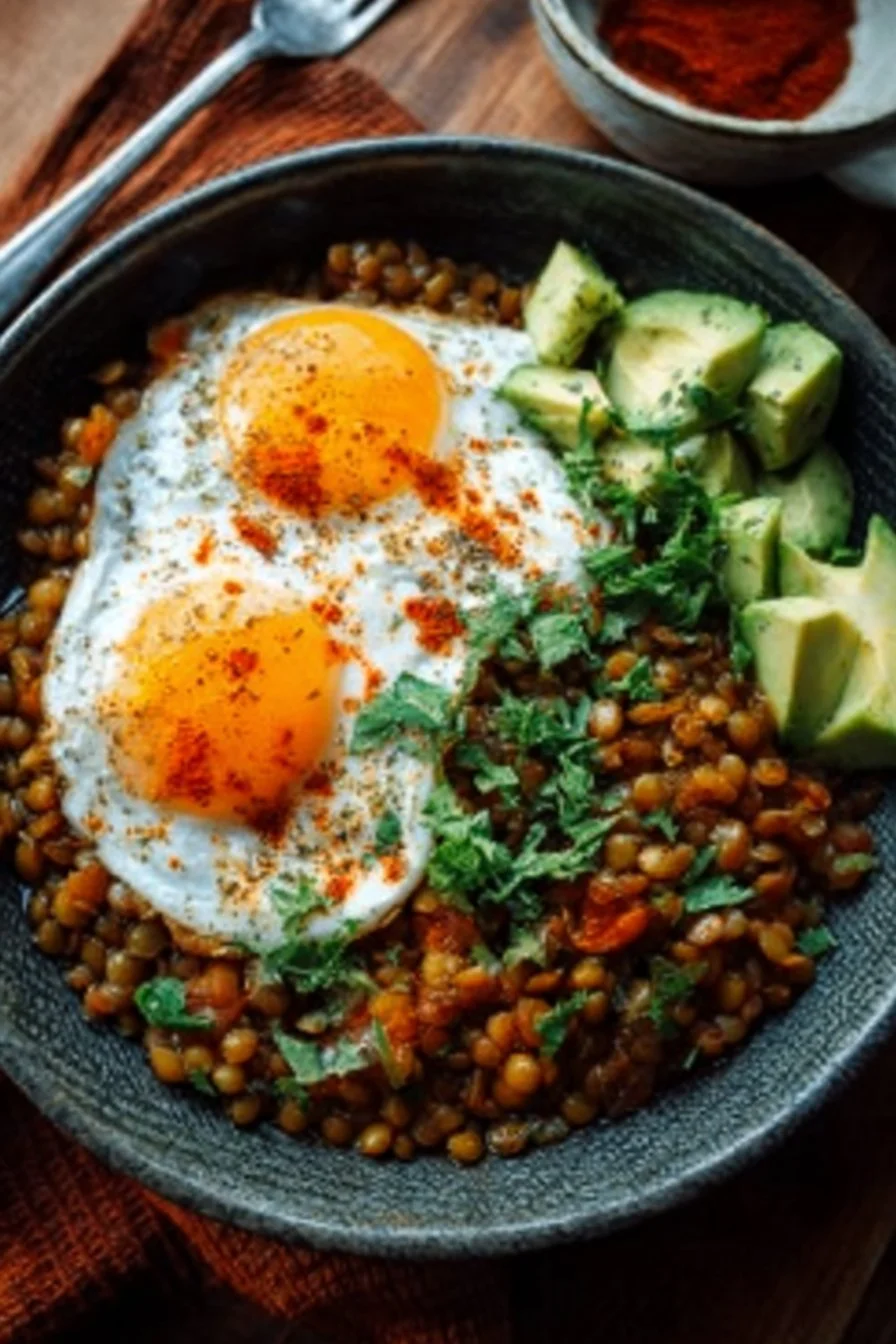Savory lentil breakfast bowl with vegetables and herbs